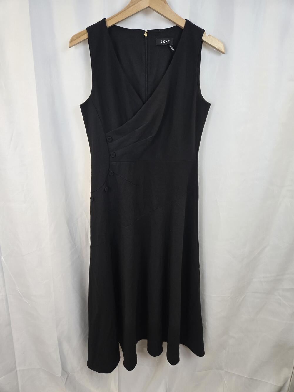 DKNY Dress Womens Medium Black Sleeveless V Neck Fit & Flare Midi Lined
